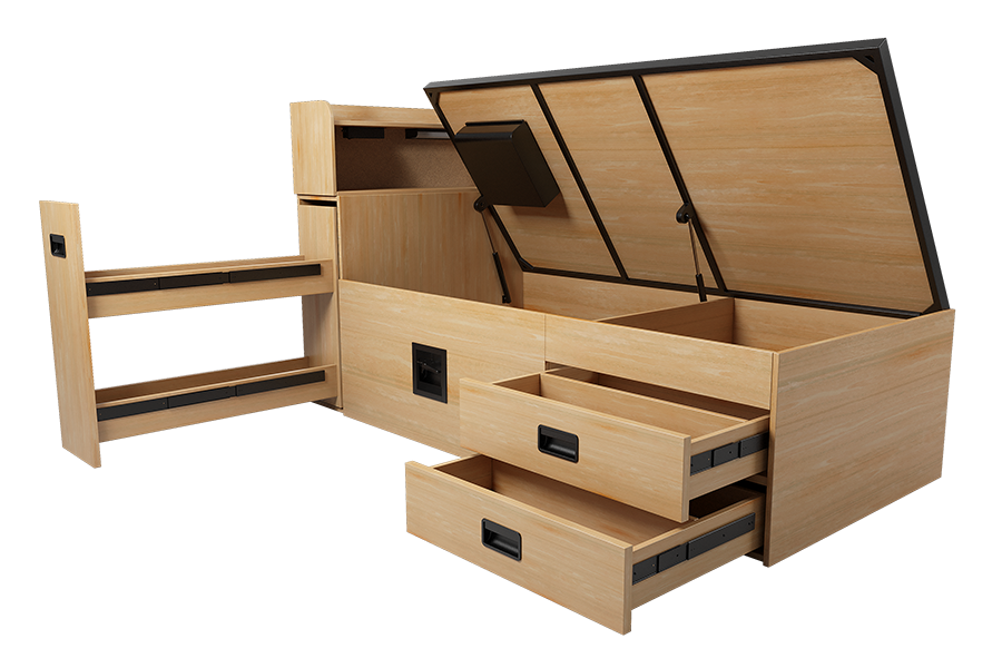 GSA Solid Wood Lift Bed with two drawers and bookshelf headboard in Natural Interior.