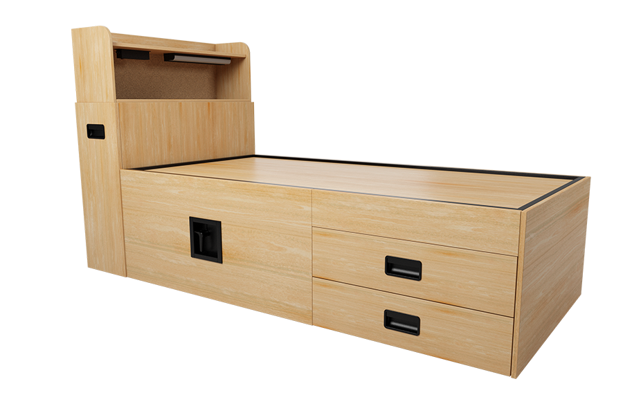 GSA Solid Wood Lift Bed with two drawers and bookshelf headboard in Natural
