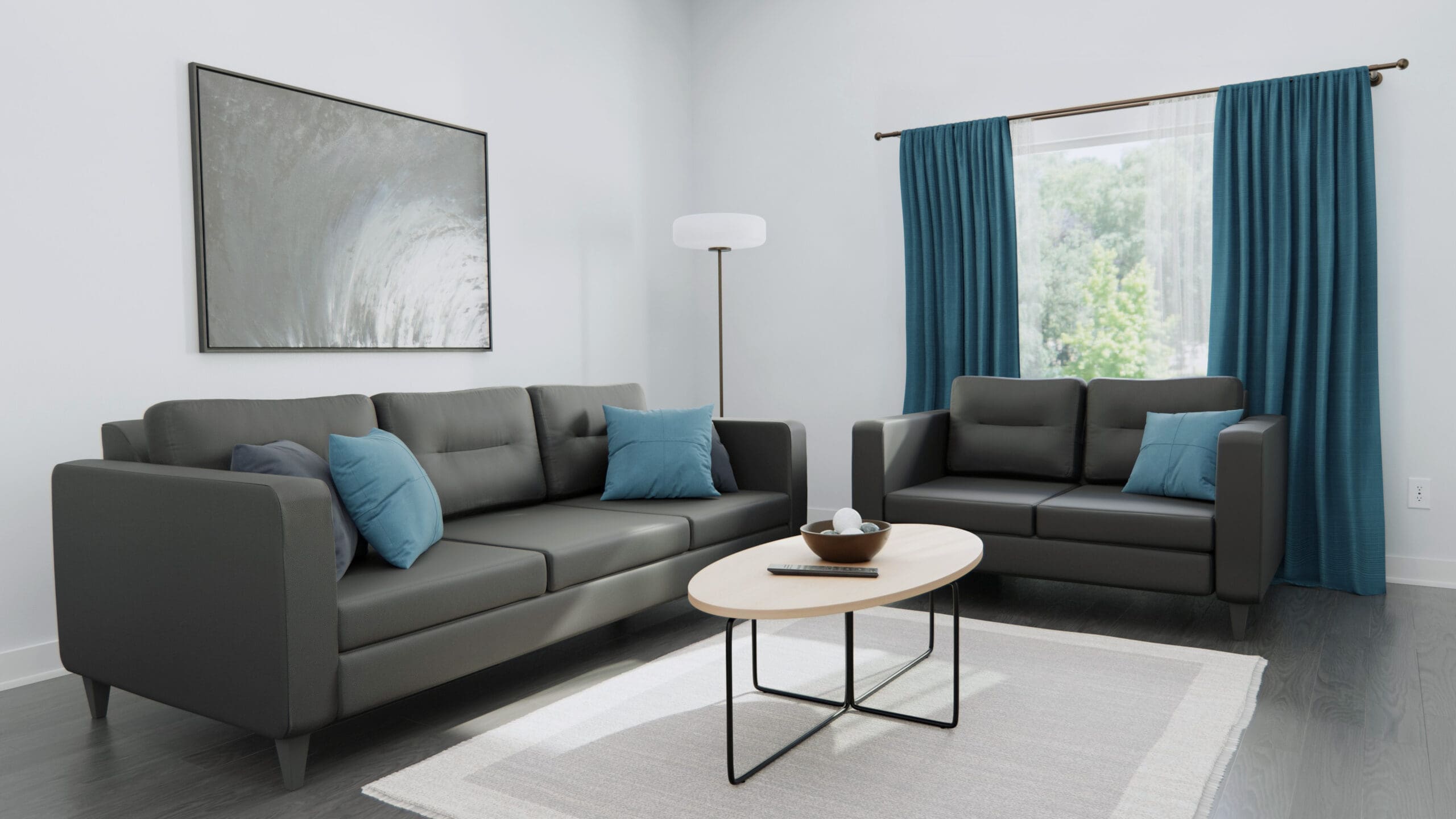 Baxter Sofa and Loveseat with Oval Coffee table in New Age Oak and Black